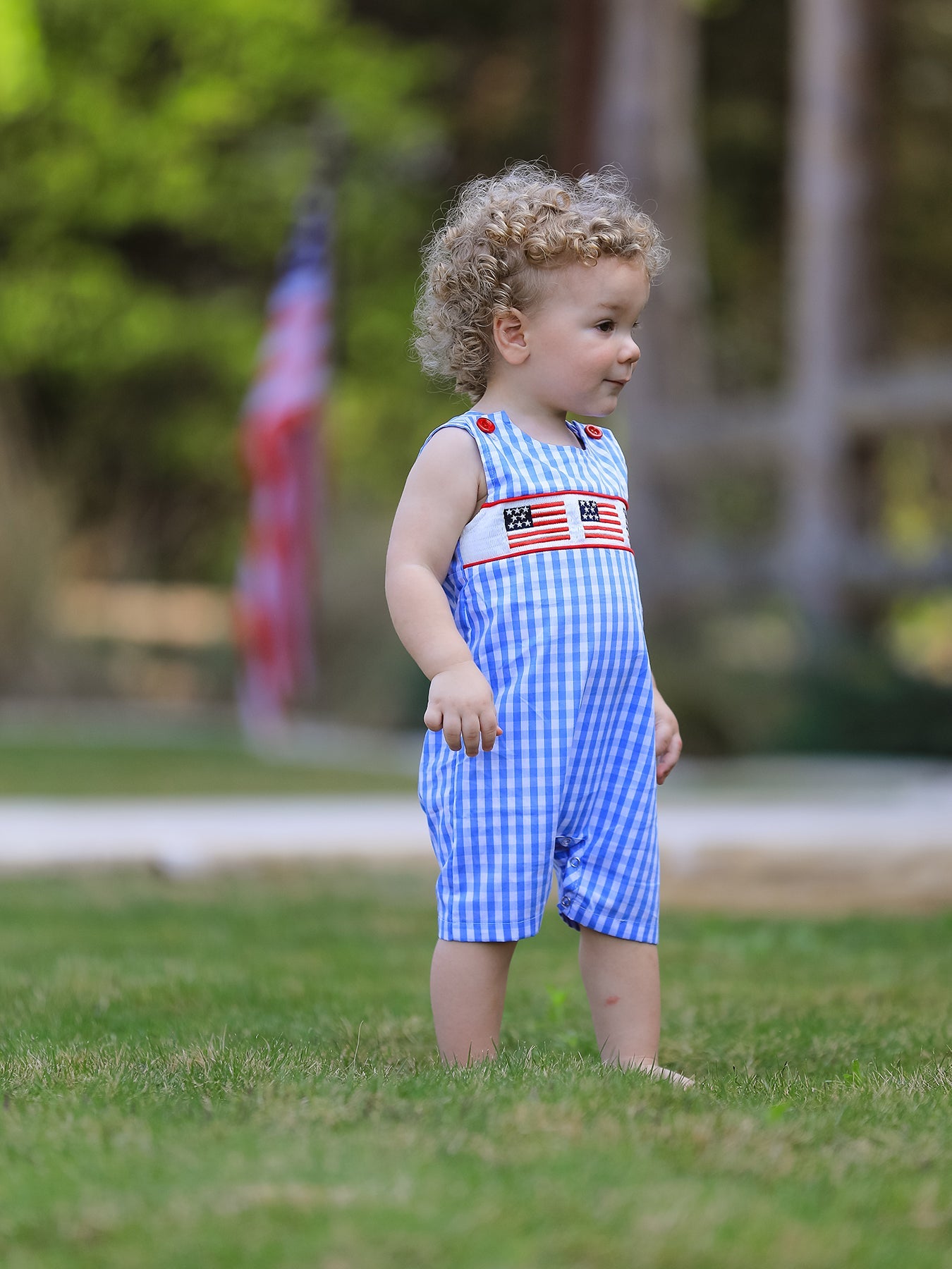 4th Of July Flag Embroidery Smocking Boys Romper