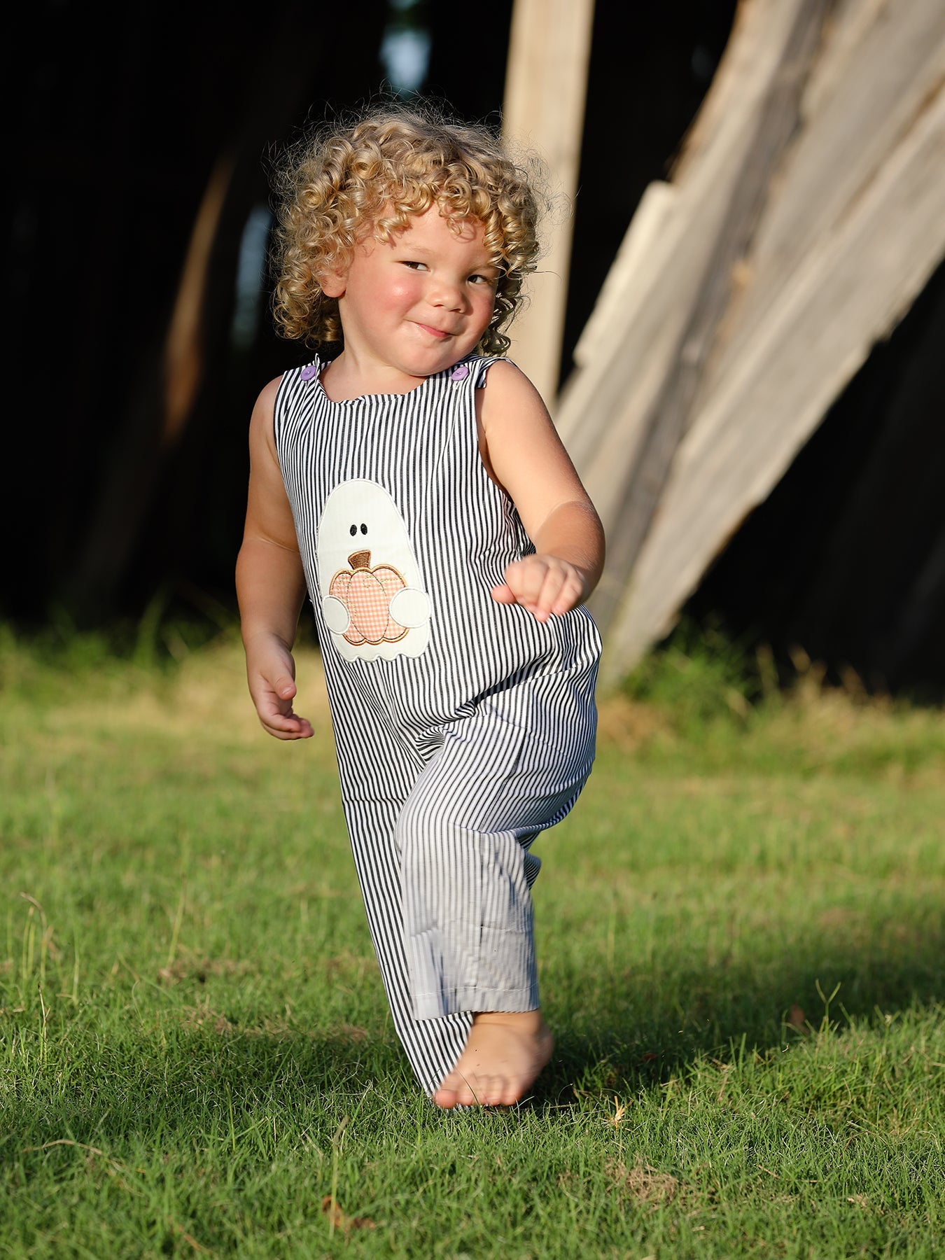 Halloween Striped Ghost Embroidered Baby Boys Romper