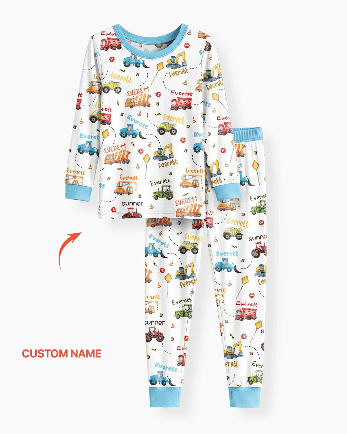 Construction Vehicles Custom Name Bamboo Two Piece Long Sleeve Pajama Set