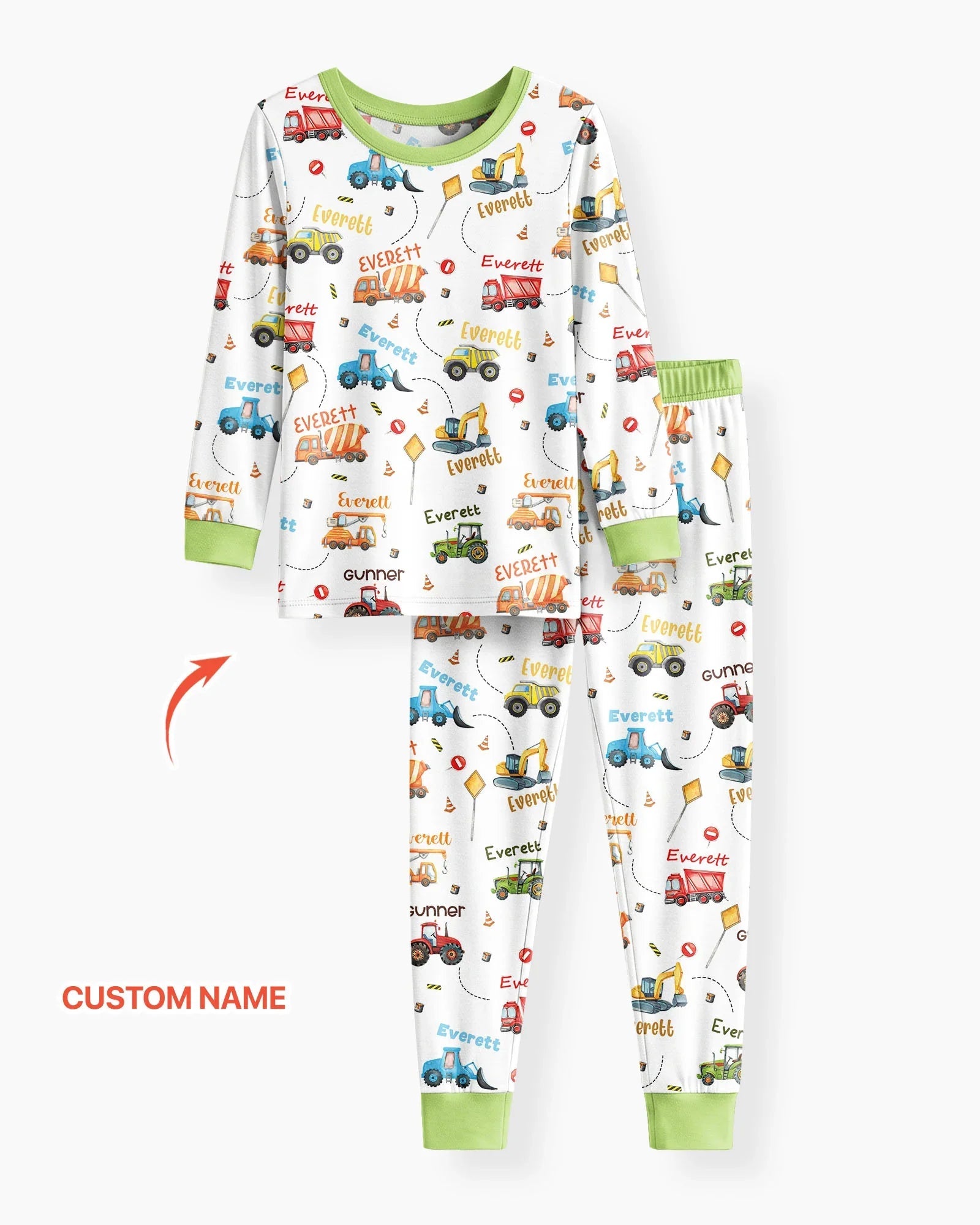 Construction Vehicles Custom Name Bamboo Two Piece Long Sleeve Pajama Set