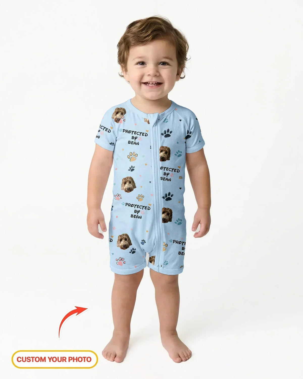 Custom Dog Photo Pattern "protected By" Bamboo Shorty Zippered Romper