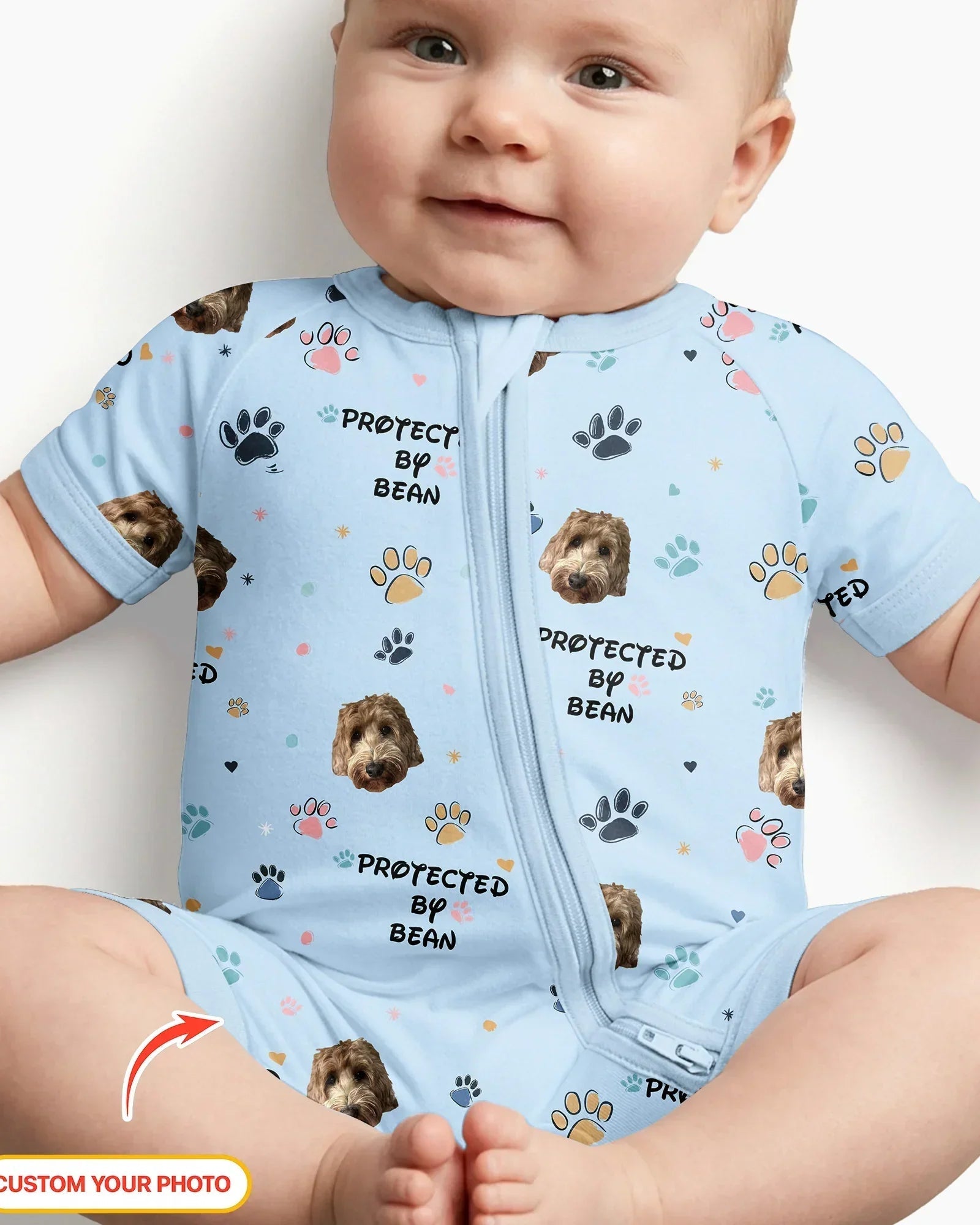 Custom Dog Photo Pattern "protected By" Bamboo Shorty Zippered Romper