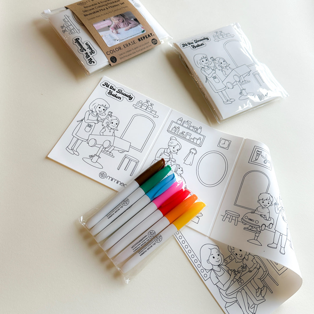 Reversible Foldable Opaque Silicone Coloring Mat & Markers Set - At The Beauty Salon
