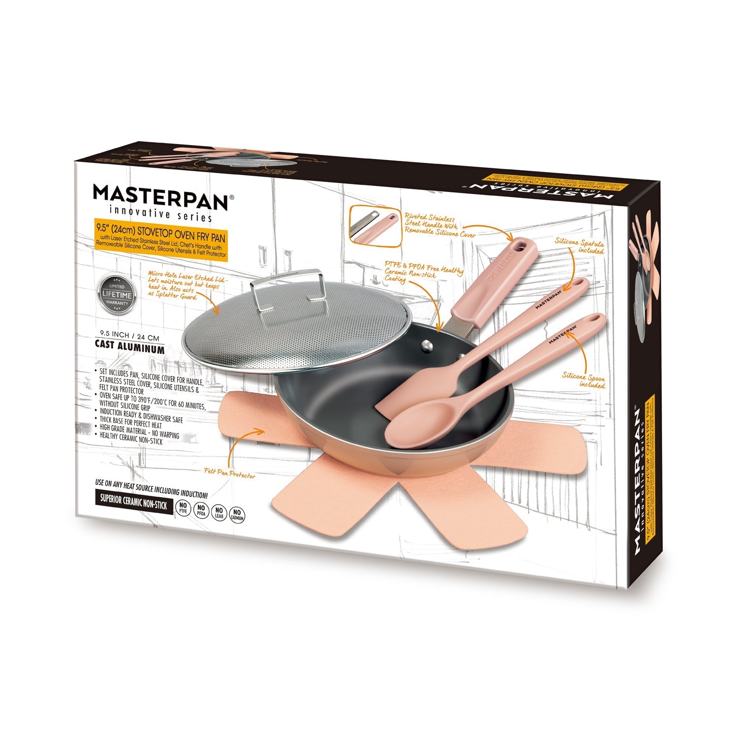 Masterpan Ceramic Nonstick Stovetop Oven Frypan & Skillet & Stainless Steel Lid Set, Clay Color 9.5"(24cm)