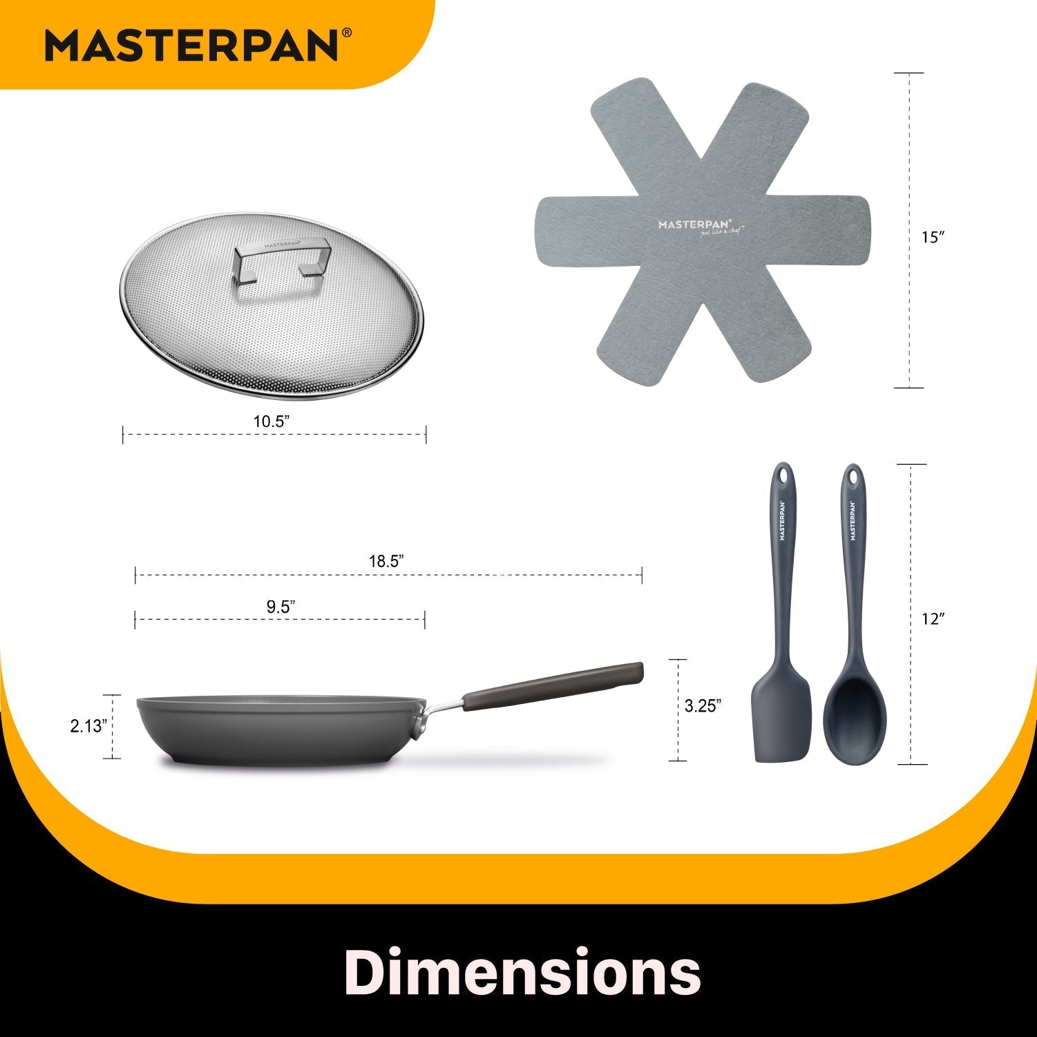 Masterpan Ceramic Nonstick Stovetop Oven Frypan & Skillet With Stainless Steel Lid & Utensils, Grey 9.5" (24cm)