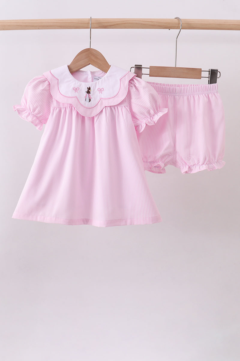 Pink Stripe Bunny Bow Embroidery Bloomer Set