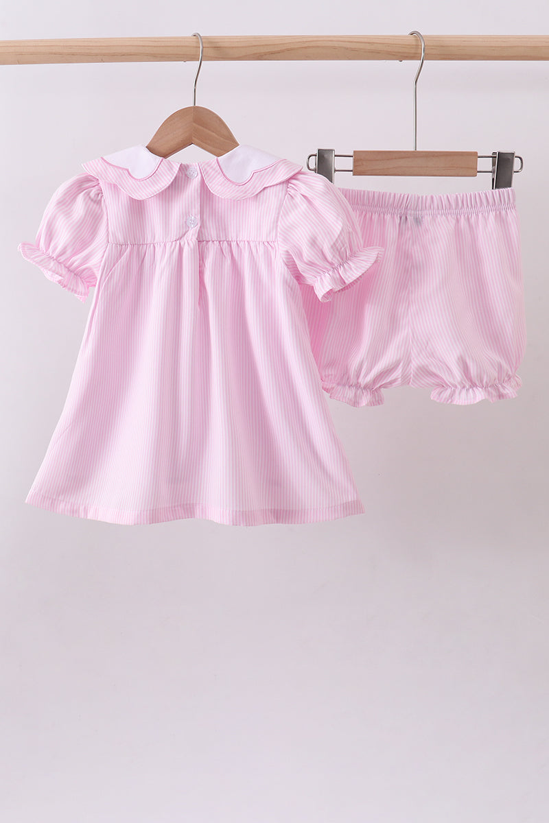 Pink Stripe Bunny Bow Embroidery Bloomer Set