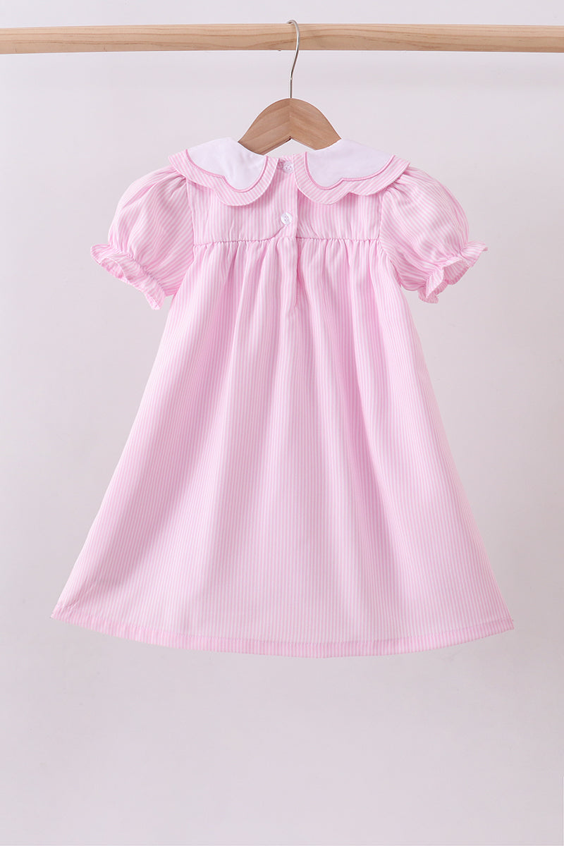 Pink Stripe Bunny Bow Embroidery Dress