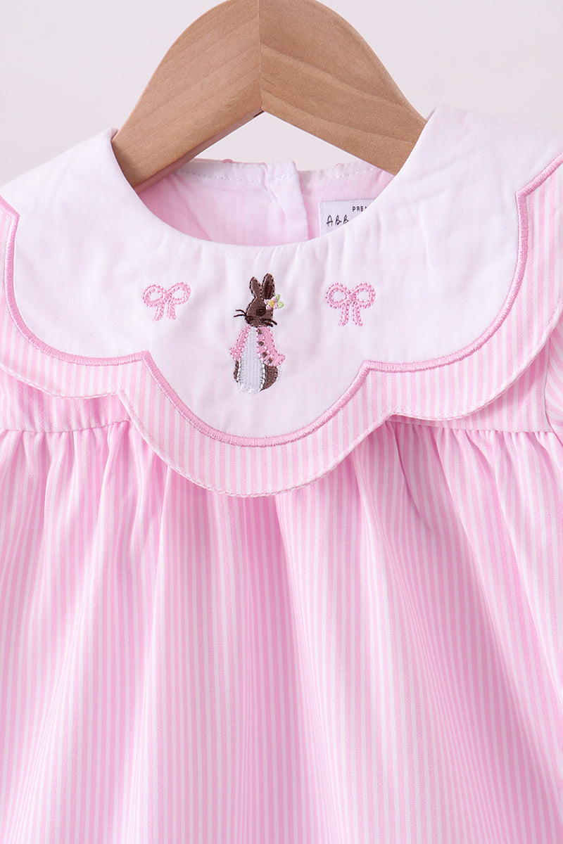 Pink Stripe Bunny Bow Embroidery Dress