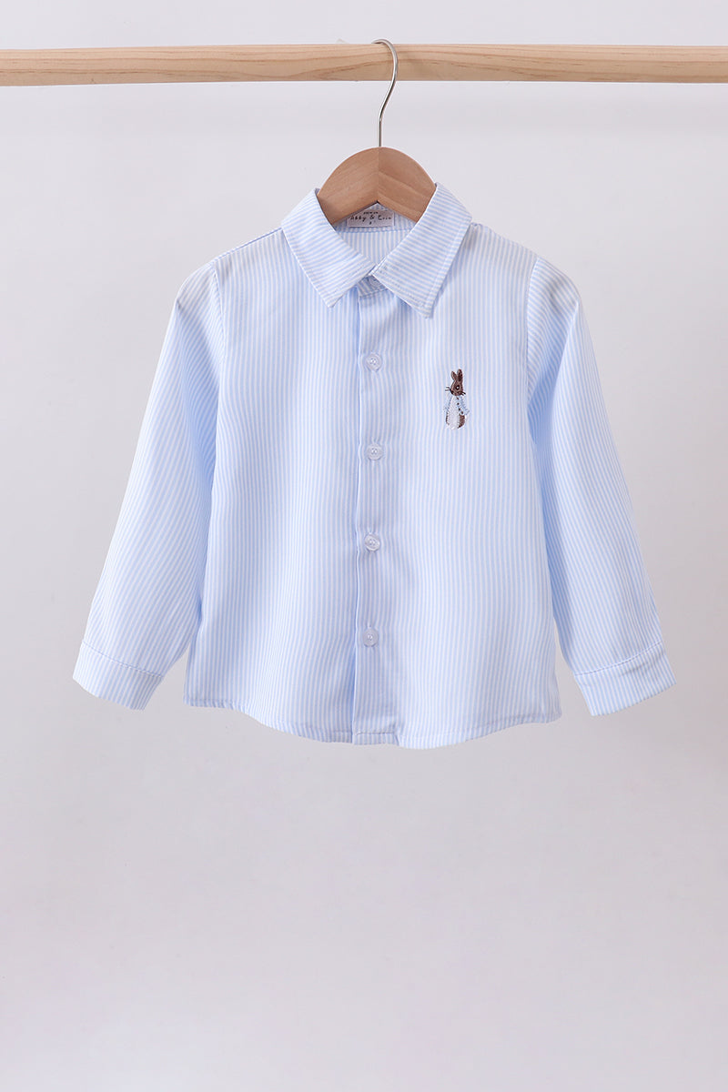 Blue Stripe Bunny Embroidery Button Down Shirt