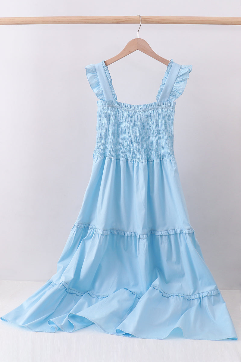 Blue Smocked Ruffle Tiered Dress