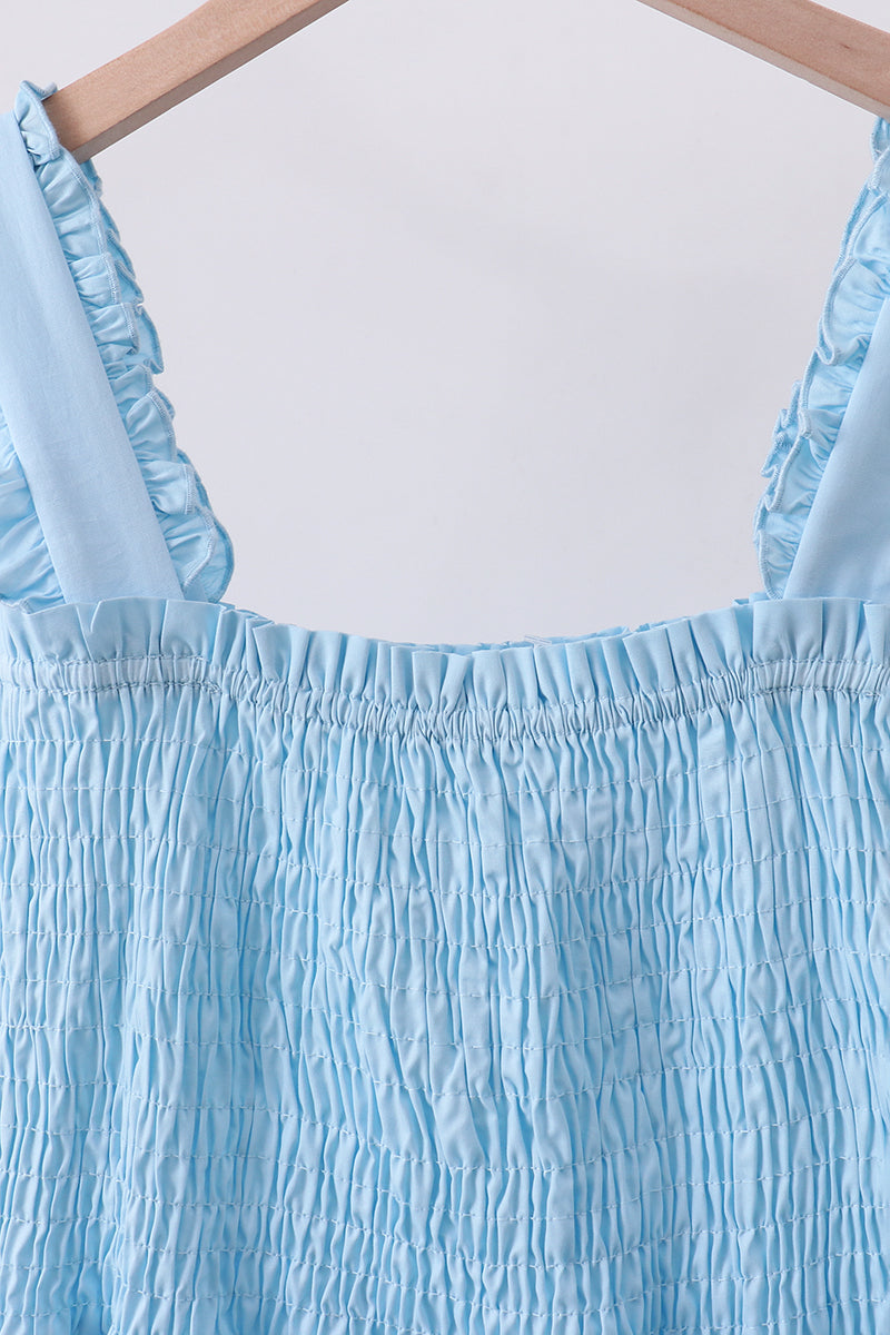 Blue Smocked Ruffle Tiered Dress