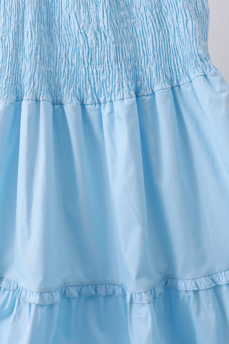 Blue Smocked Ruffle Tiered Dress