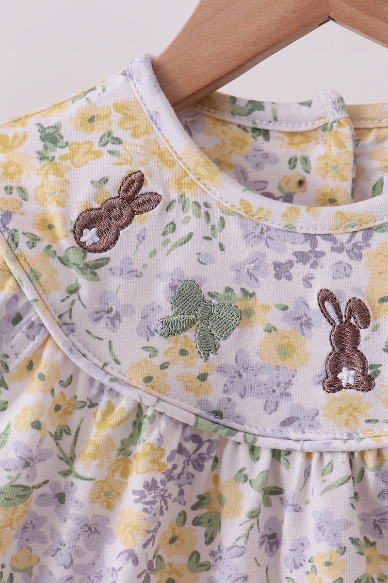 Mustard Floral Bunny Embroidery Bloomer Set
