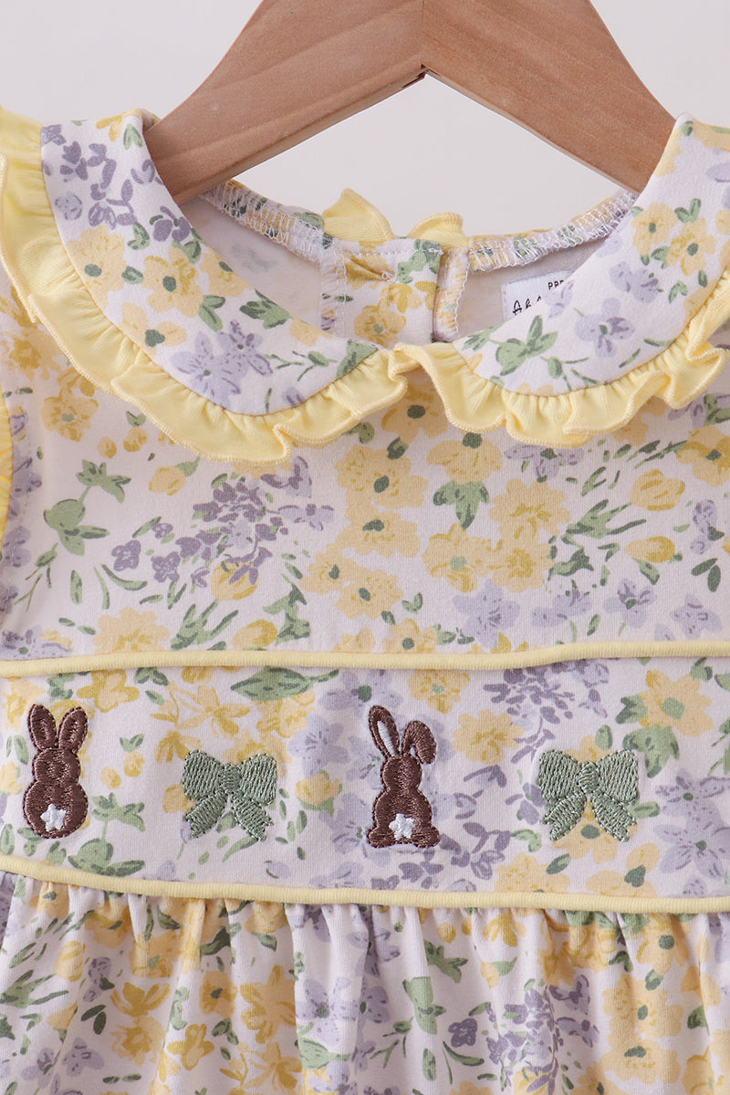 Floral Bunny Bow Embroidery Ruffle Dress