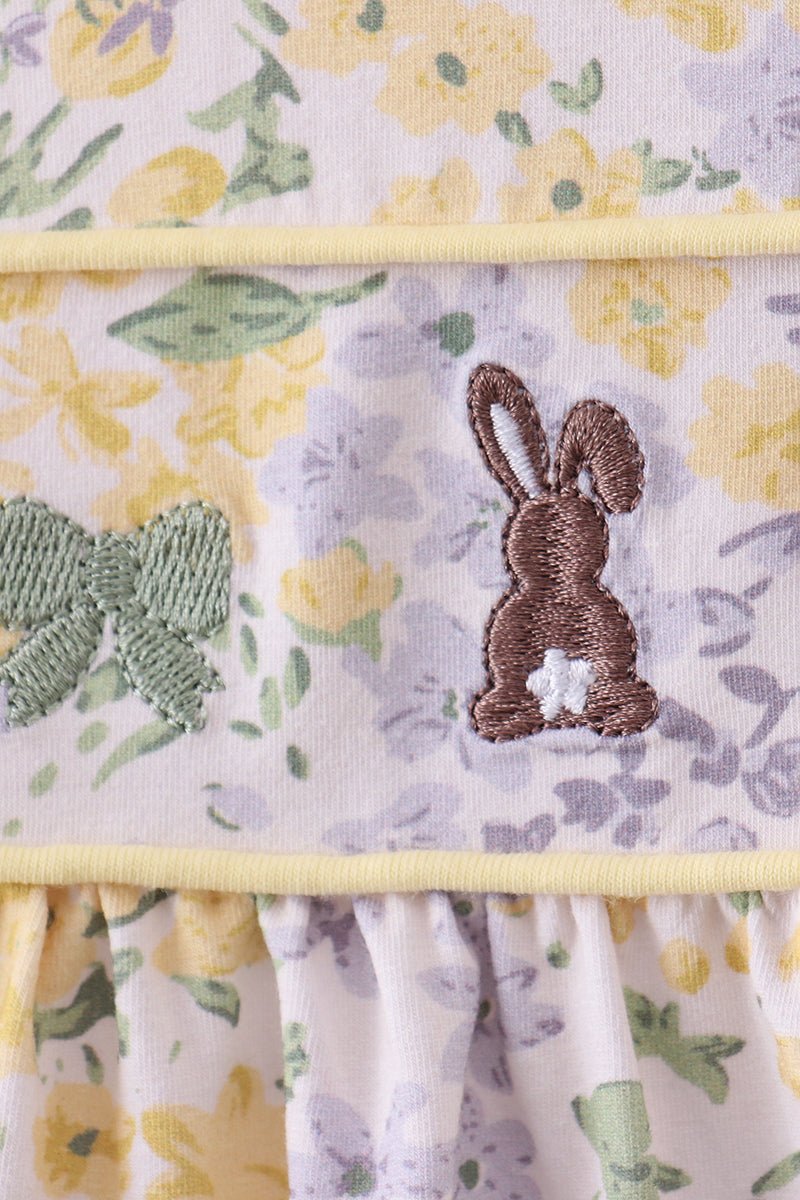 Floral Bunny Bow Embroidery Ruffle Dress