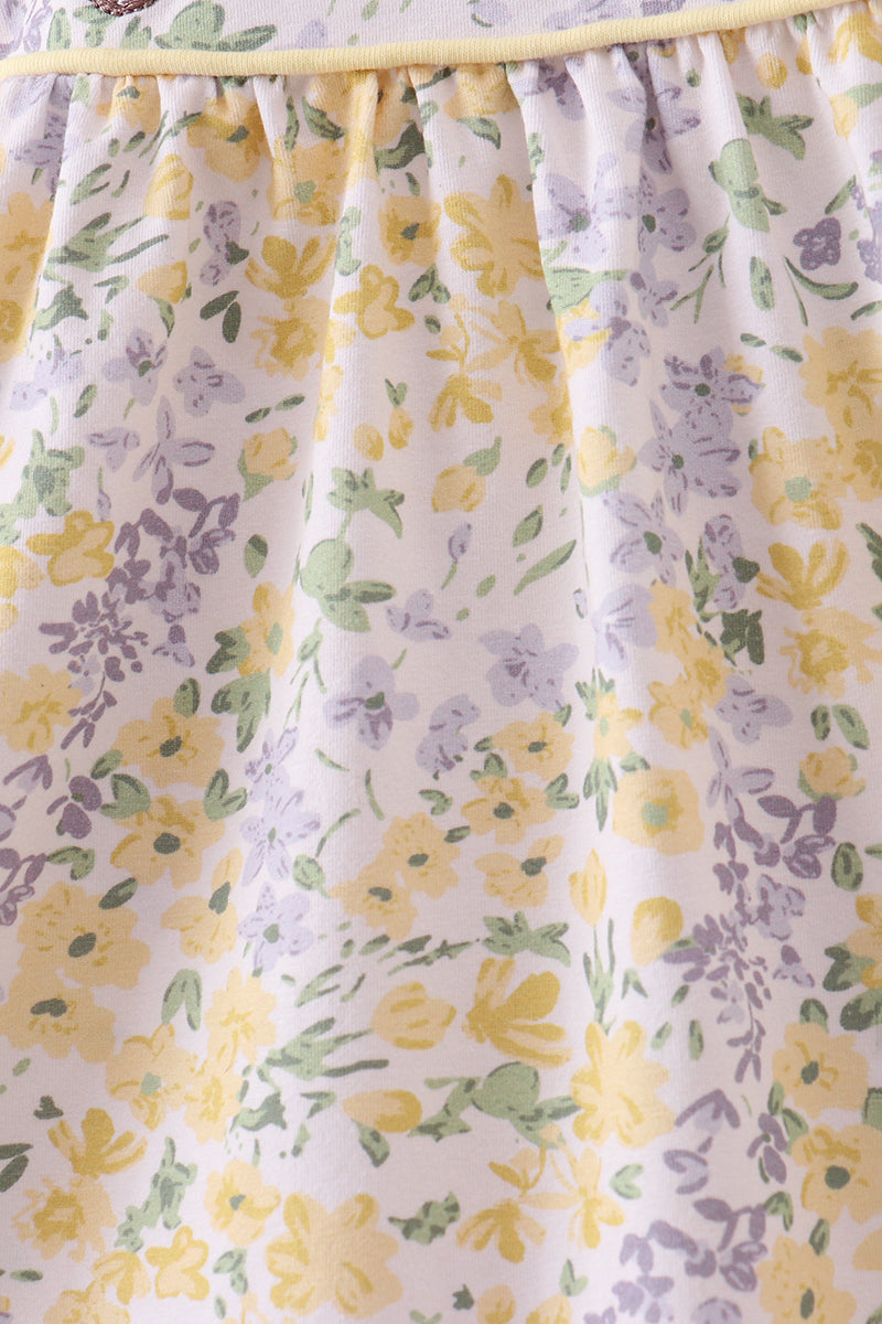 Floral Bunny Bow Embroidery Ruffle Dress