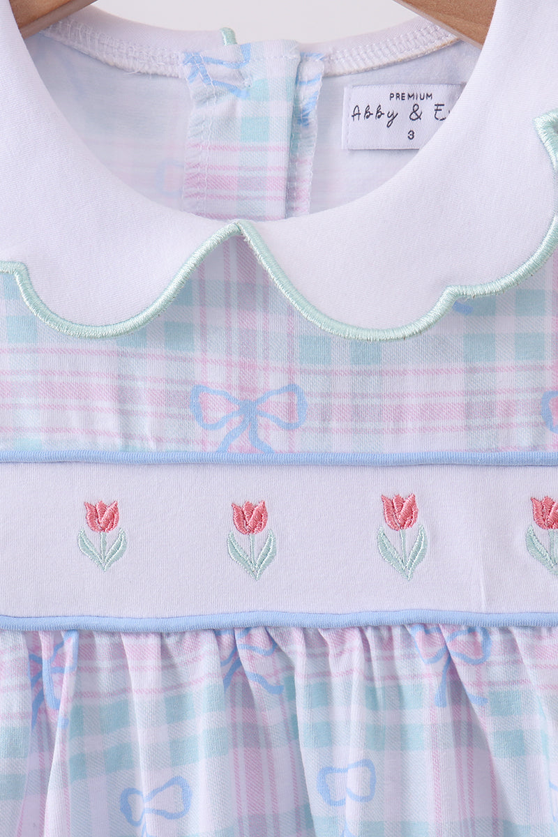 Blue Plaid Bow Floral Dress