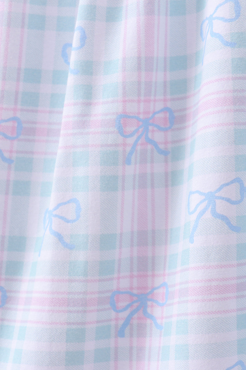 Blue Plaid Bow Floral Dress