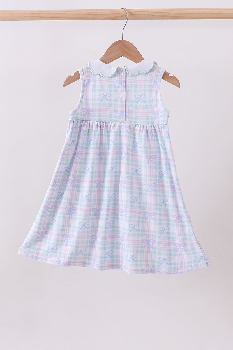 Blue Plaid Bow Floral Dress