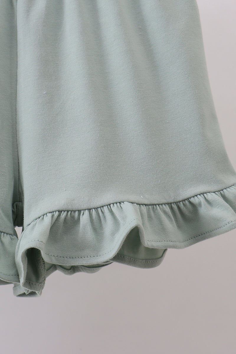 Sage Floral Cross Embroidery Ruffle Shorts Set