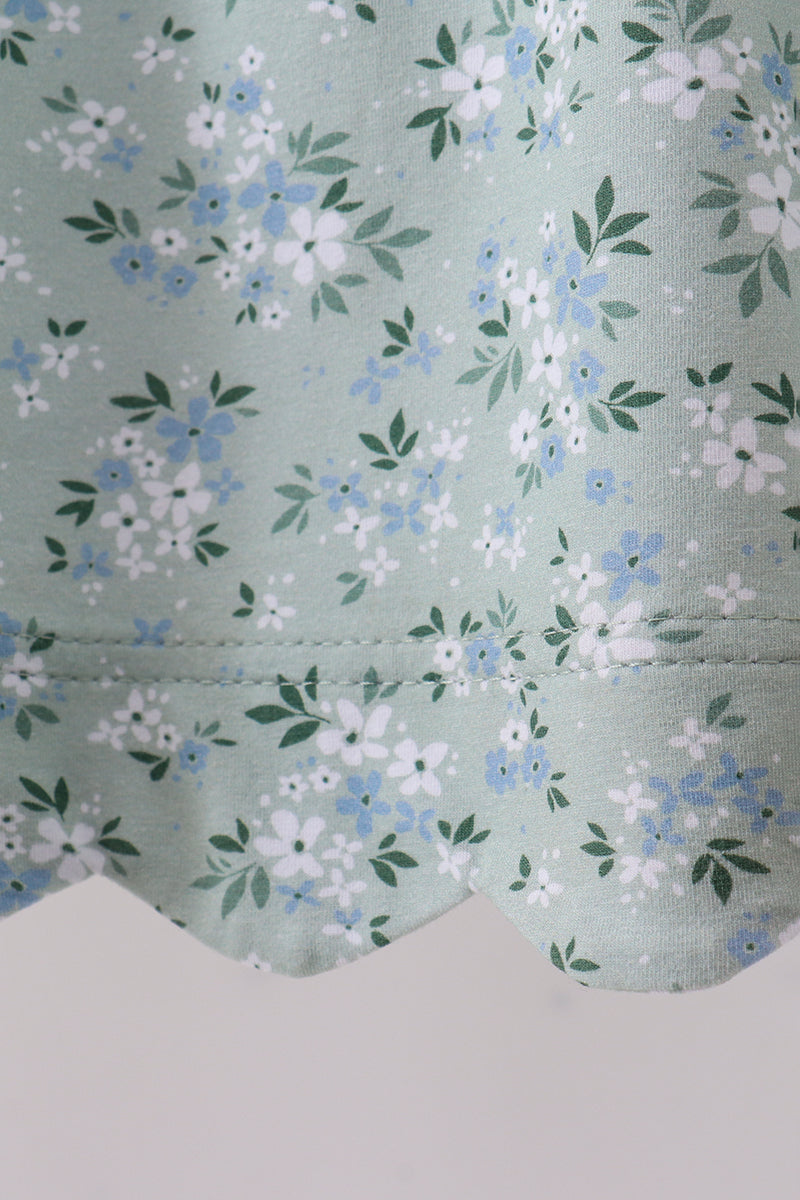Sage Floral Cross Embroidery Ruffle Shorts Set