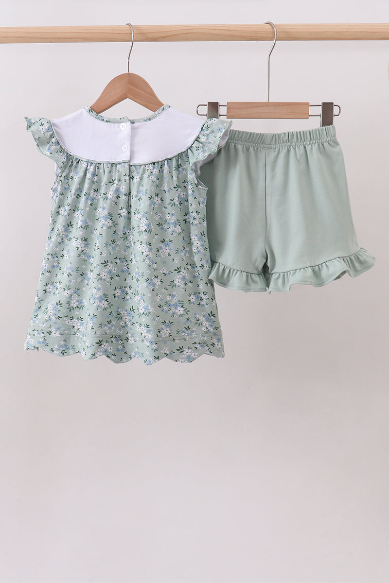 Sage Floral Cross Embroidery Ruffle Shorts Set
