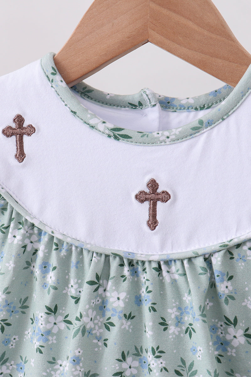 Sage Floral Cross Embroidery Ruffle Shorts Set