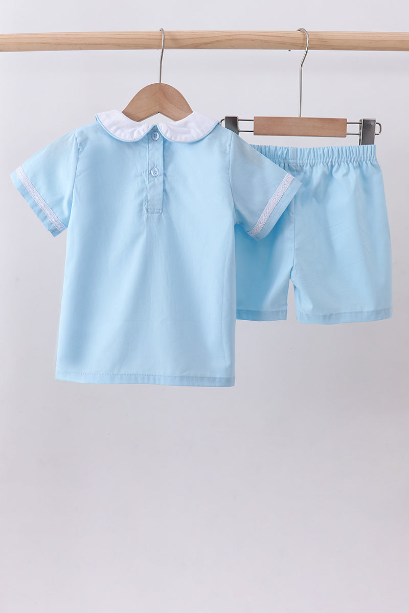 Blue Cross Embroidery Shorts Set