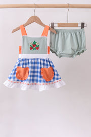 Sage Strawberry Embroidery Ruffle Gingham Bloomer Set