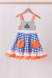 Sage Strawberry Embroidery Ruffle Gingham Dress