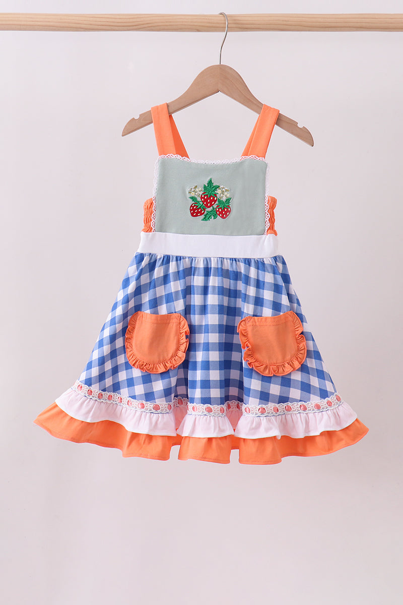 Sage Strawberry Embroidery Ruffle Gingham Dress