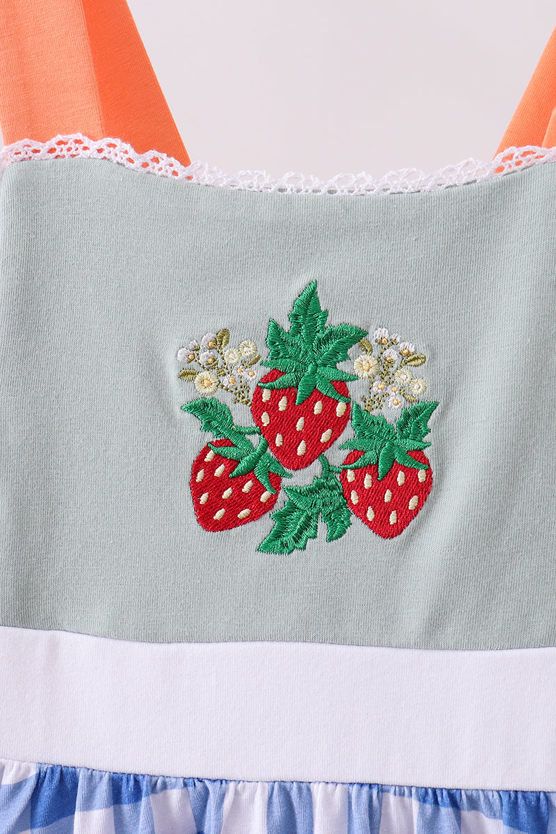 Sage Strawberry Embroidery Ruffle Gingham Dress