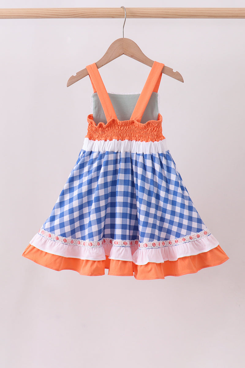 Sage Strawberry Embroidery Ruffle Gingham Dress