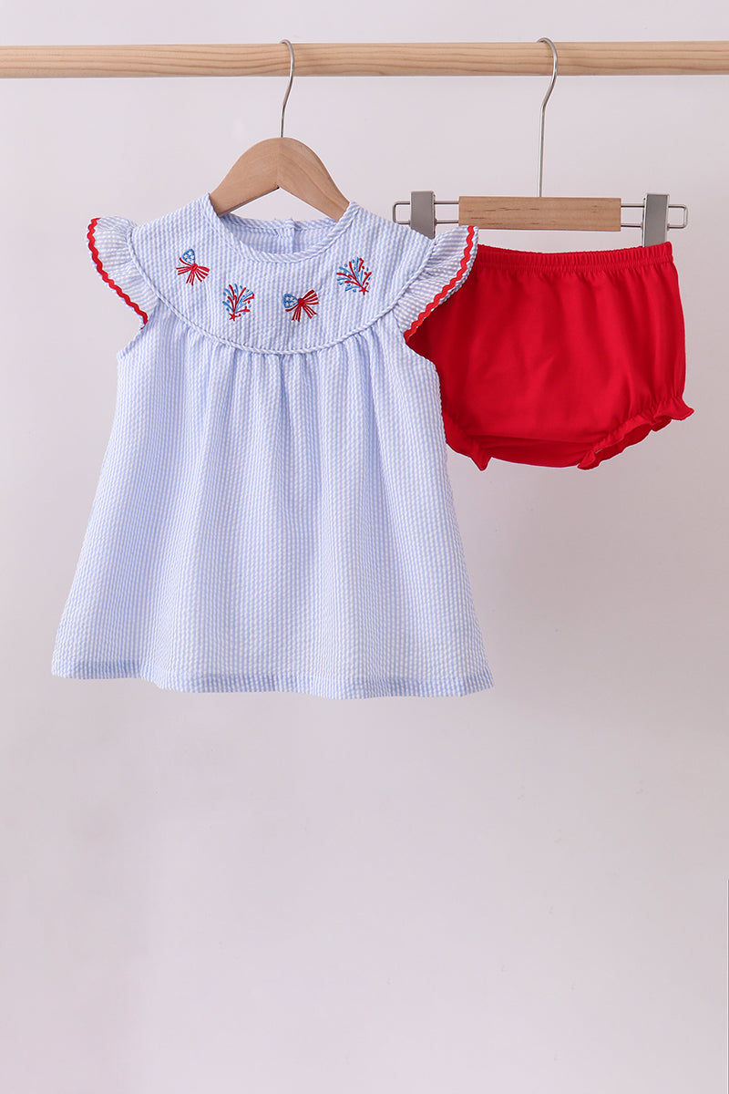 Blue Stripe Bow Fireworks Embroidery Bloomer Set