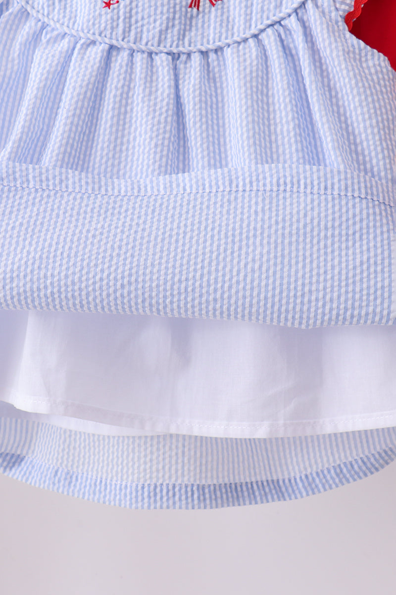 Blue Stripe Bow Fireworks Embroidery Bloomer Set