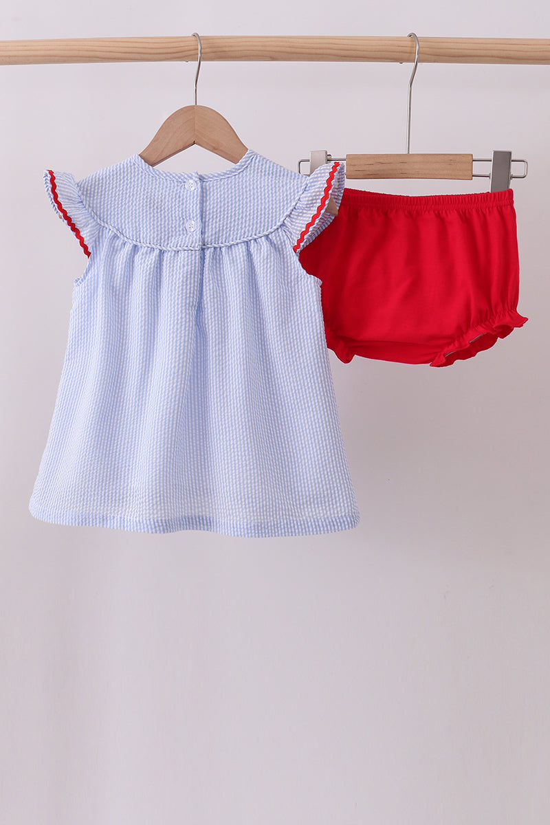 Blue Stripe Bow Fireworks Embroidery Bloomer Set