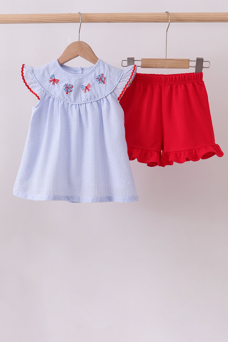 Blue Stripe Bow Fireworks Embroidery Ruffle Shorts Set