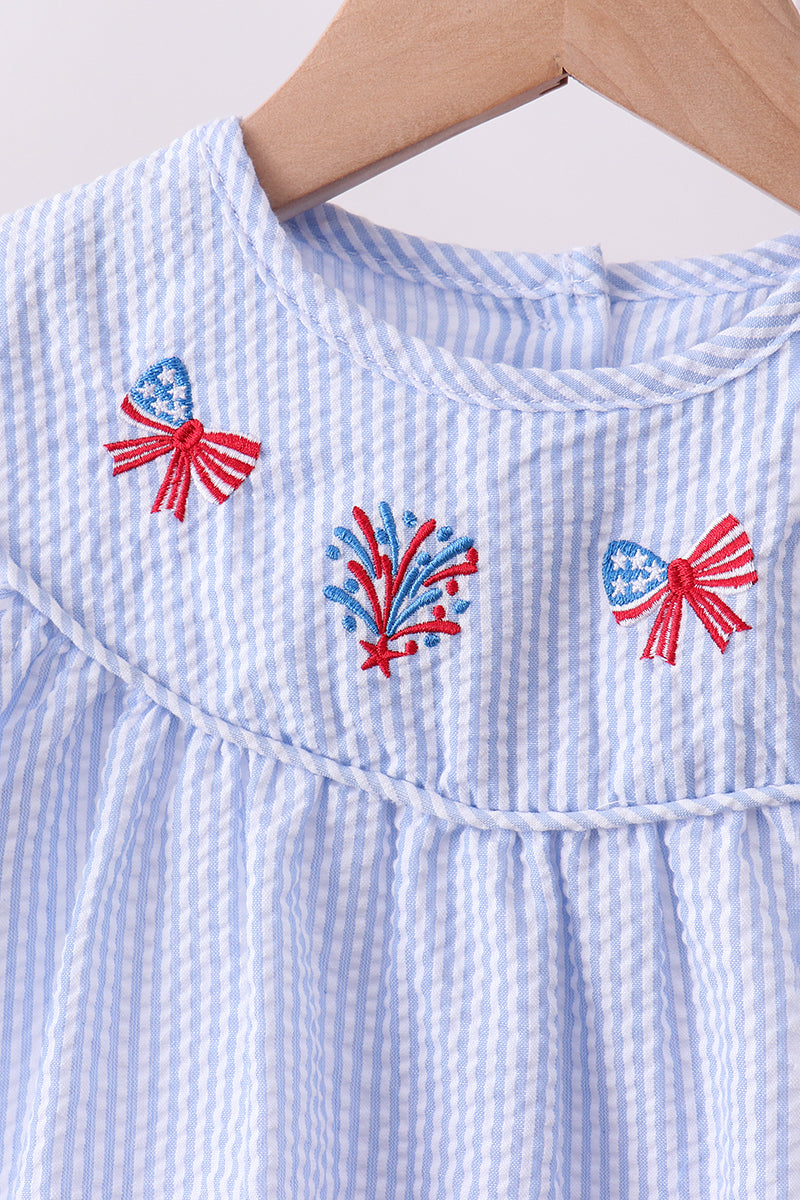 Blue Stripe Bow Fireworks Embroidery Ruffle Shorts Set
