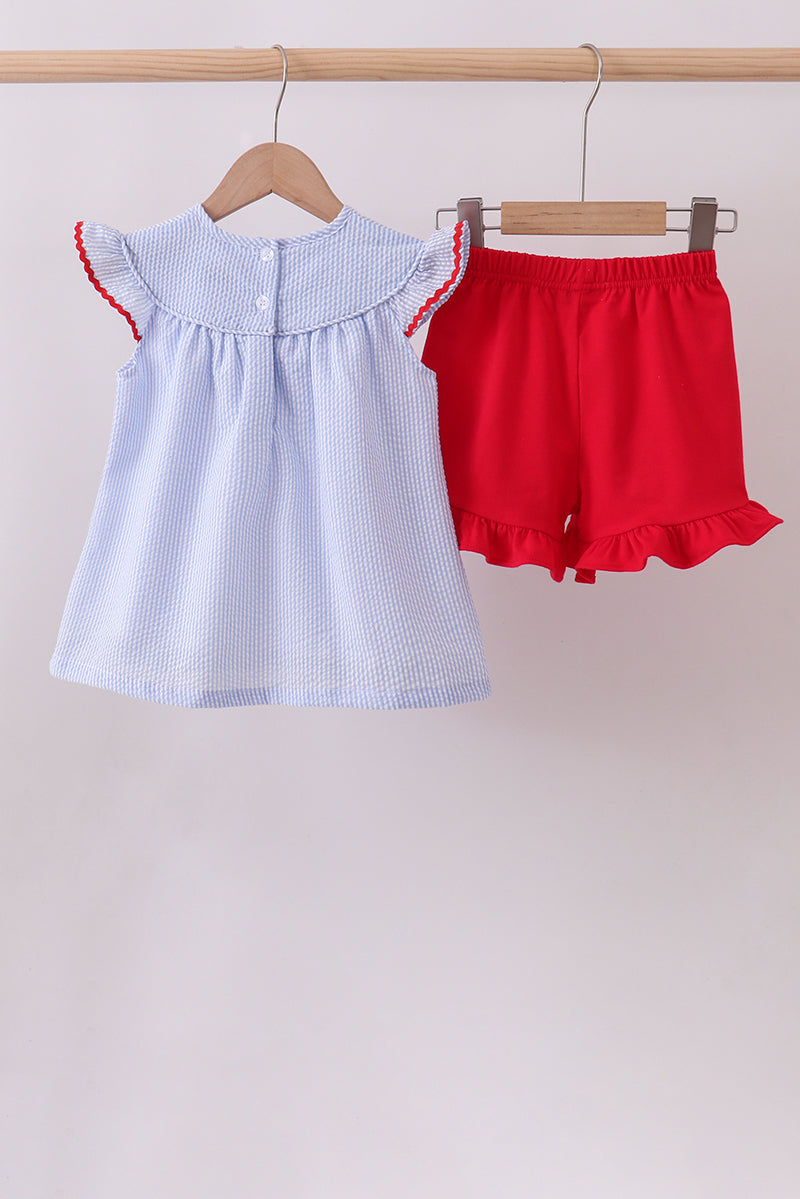 Blue Stripe Bow Fireworks Embroidery Ruffle Shorts Set