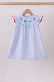 Blue Stripe Bow Fireworks Embroidery Ruffle Dress