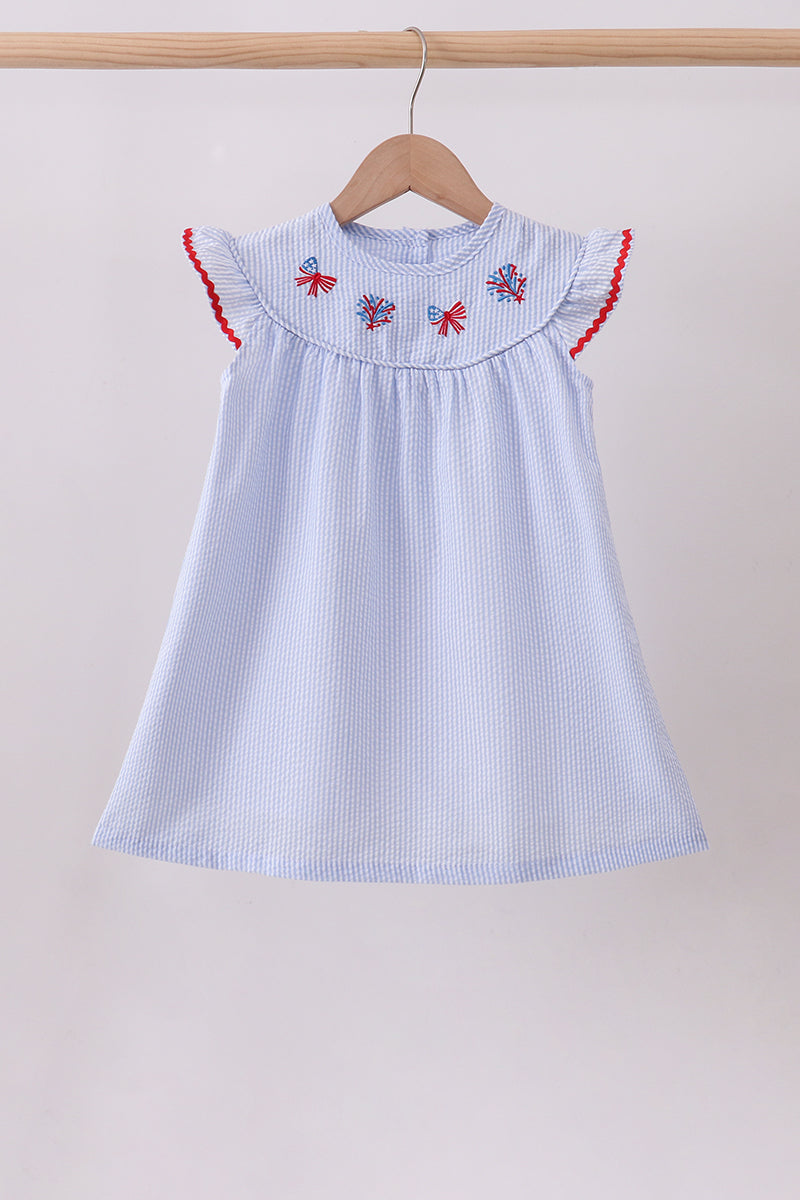 Blue Stripe Bow Fireworks Embroidery Ruffle Dress