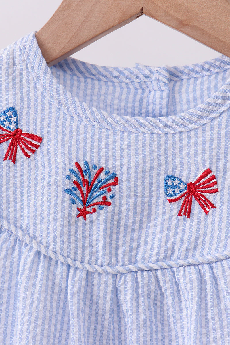 Blue Stripe Bow Fireworks Embroidery Ruffle Dress