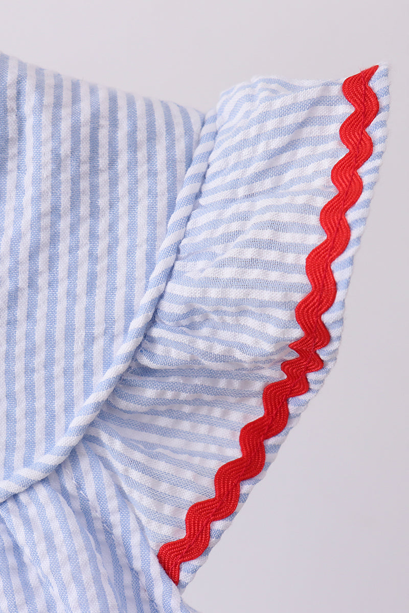 Blue Stripe Bow Fireworks Embroidery Ruffle Dress