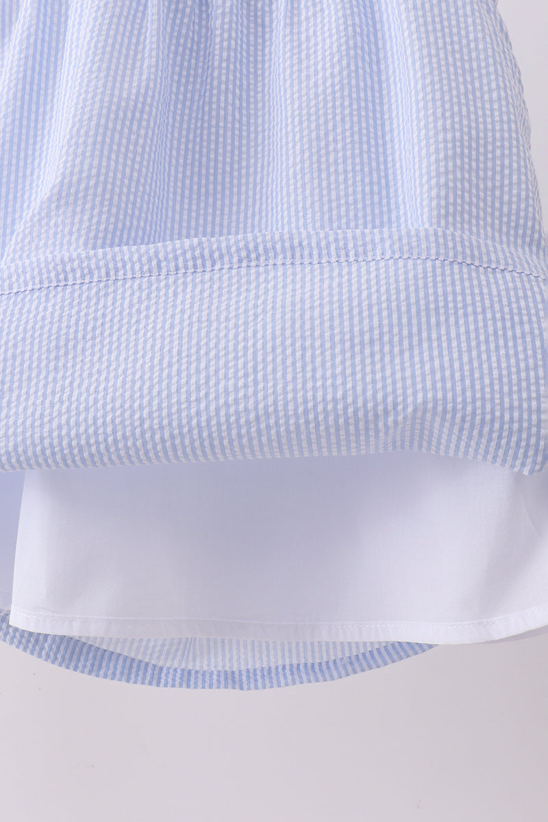Blue Stripe Bow Fireworks Embroidery Ruffle Dress