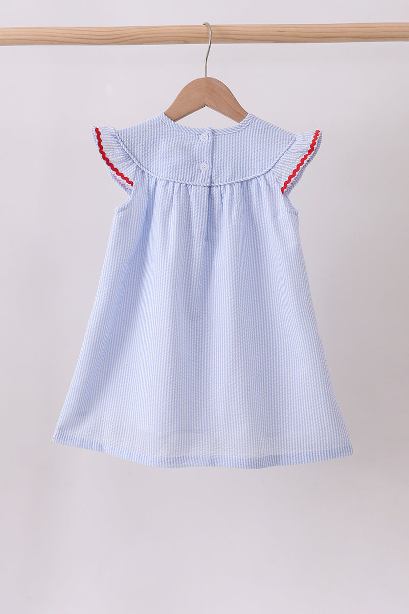 Blue Stripe Bow Fireworks Embroidery Ruffle Dress
