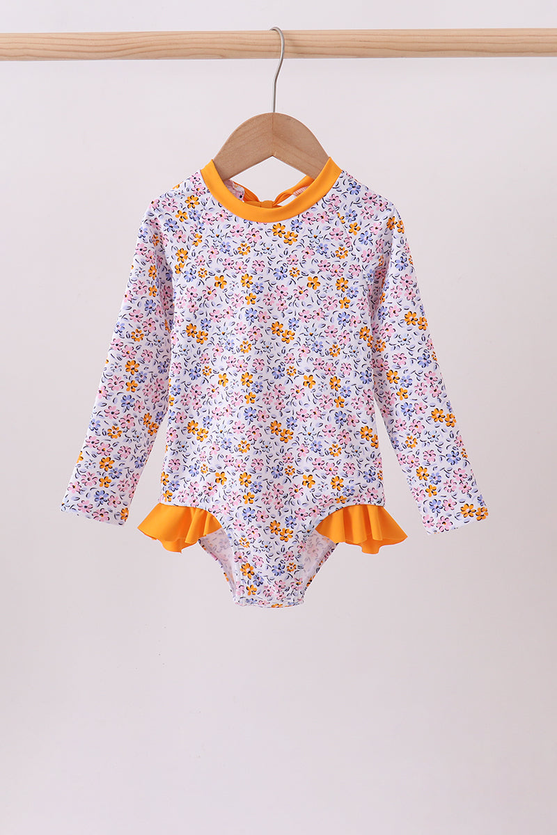 Mustard Floral Print Ruffle Rashguard