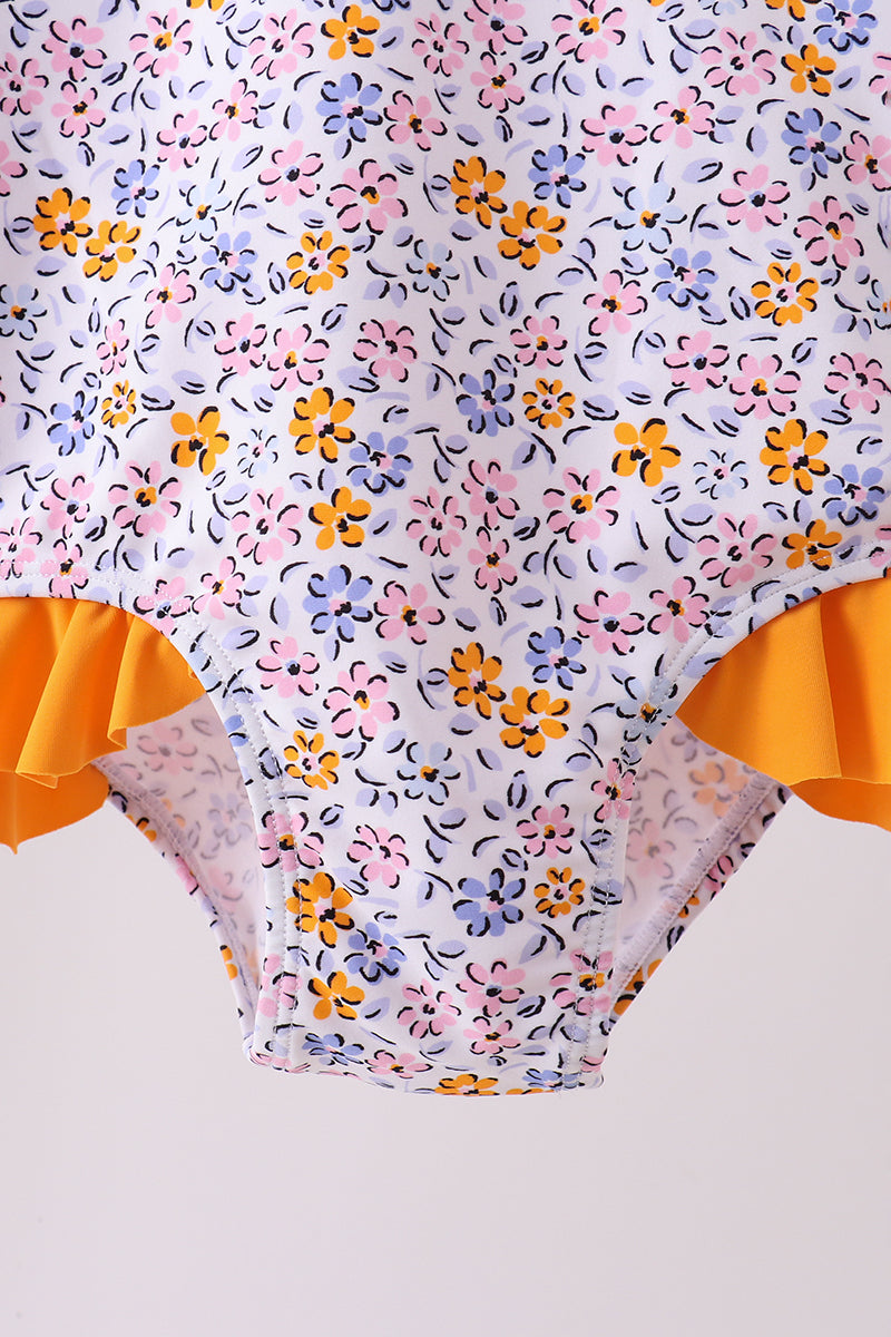 Mustard Floral Print Ruffle Rashguard