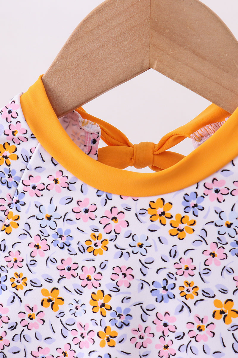 Mustard Floral Print Ruffle Rashguard