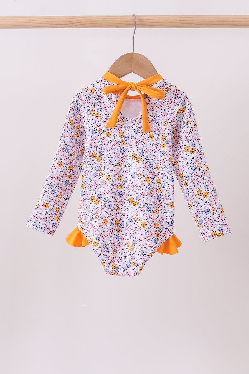 Mustard Floral Print Ruffle Rashguard